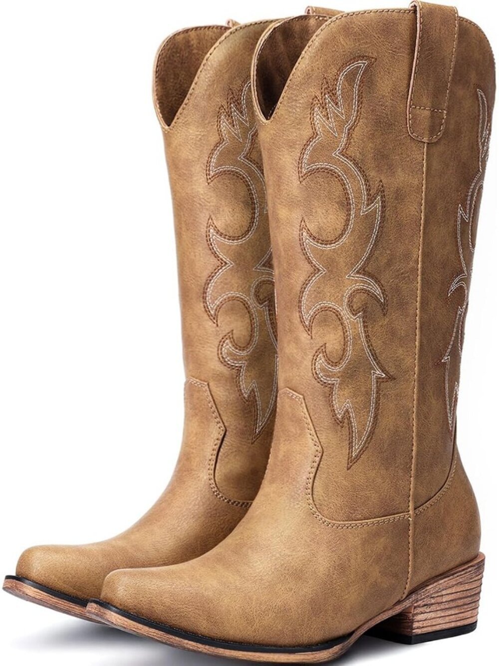 Women Tan Rubber Calf High Western Pointed Toe Cowgirl Chunky Heel Boots